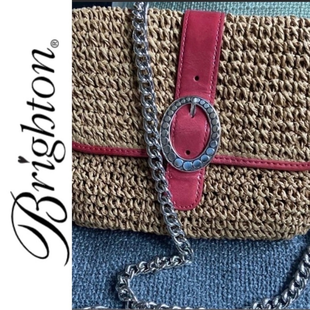 BRIGHTON…EUC… Dottie Straw Pink Patent Leather Trim Crossbody Bag 8”X6”